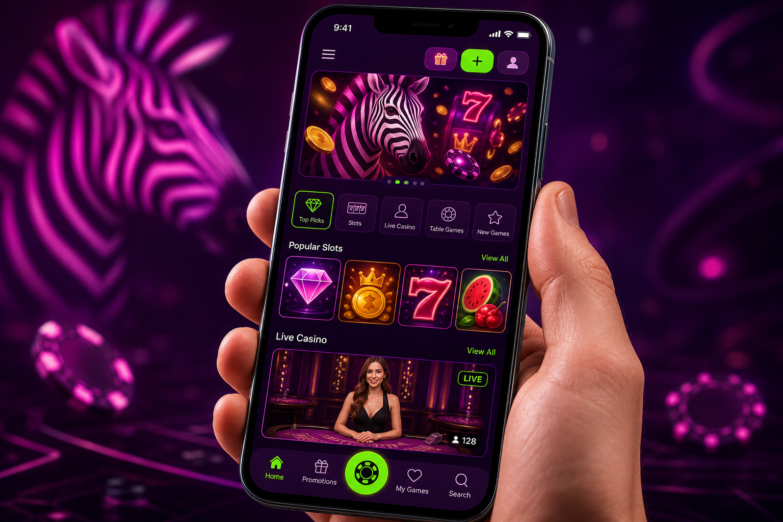 Zebra Wins mobile casino app on smartphone